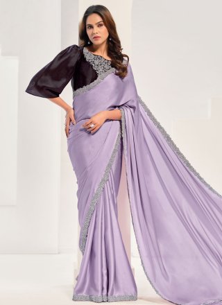 Lavender Satin Silk Embroidered and Moti Work Designer Saree