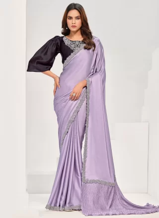 Lavender Satin Silk Embroidered and Moti Work Designer Saree