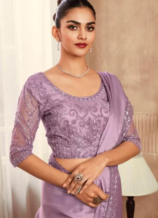 Lavender Satin Silk Patch Border, Embroidered and Sequins Work Trendy Saree for Engagement