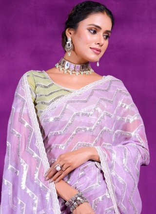 Lavender Shimmer Embroidered Work Classic Saree for Ceremonial