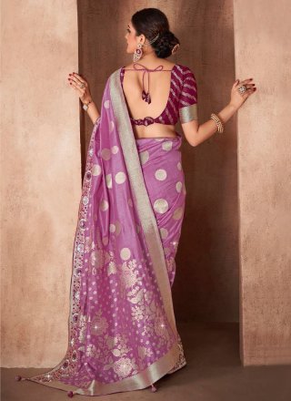 Lavender Silk Contemporary Sari with Patch Border and Embroidered Work for Ceremonial
