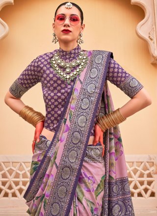 Lavender Silk Floral Patch Work Contemporary Saree for Women