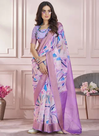 Lavender Silk Print Work Classic Sari for Ceremonial