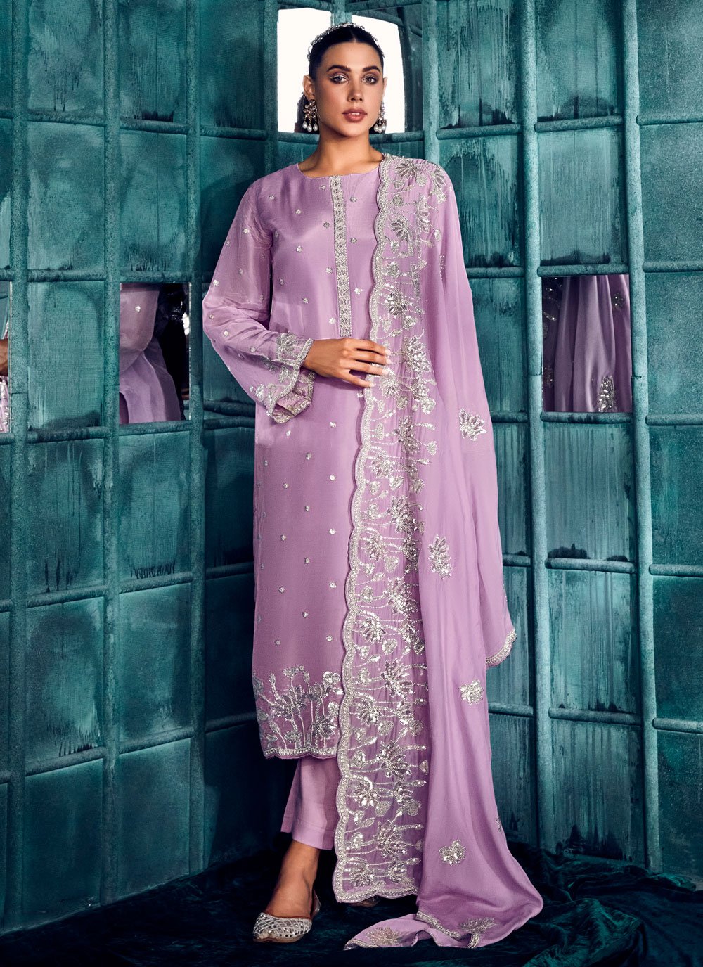 Buy Lavender Silk Salwar Suit with Embroidered and Sequins Work