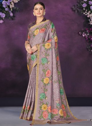Lavender Tussar Silk Traditional Saree with Embroidered and Floral Patch Work for Ceremonial