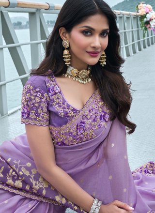 Lavender Viscose Contemporary Sari with Embroidered, Resham, Sequins, Stone and Zari Work