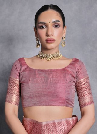 Lavish Pink Tussar Silk Contemporary Sari with Woven Work