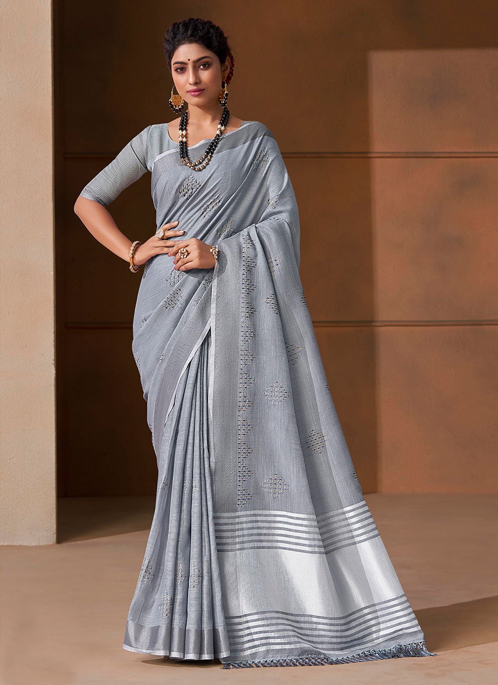 Grey Linen Zari Woven Work Saree And Blouse Piece – BEST SAREE