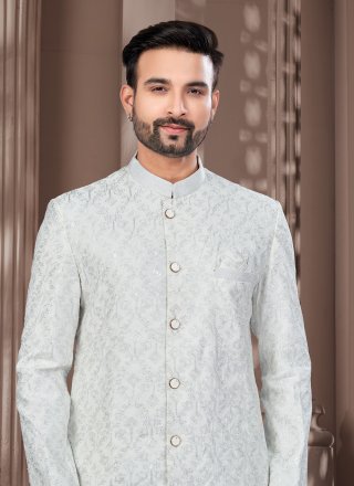 Lively Off White Silk Sherwani Mens Wear with Machine Embroidery and Thread Work