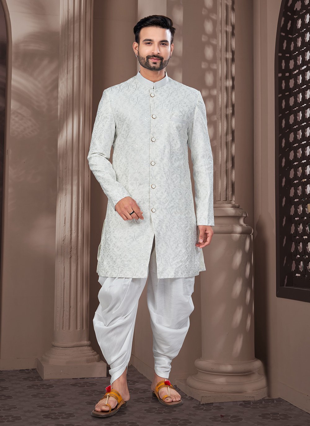 Buy Lively Off White Silk Sherwani Mens Wear with Machine Embroidery and Thread Work Online 297320