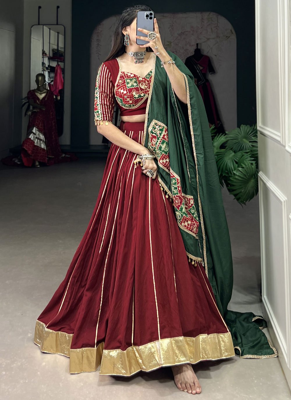 Lovely Maroon Chanderi Readymade Lehenga Choli with Patch Border