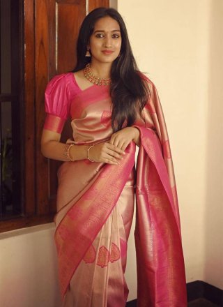 Lovely Peach Banarasi Silk Designer with Work