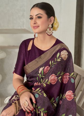 Lovely Purple Tussar Silk Classic Sari with Embroidered, Floral Patch and Sequins Work