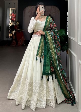 Lucknowi Work and Mirror Work Georgette Lehenga Choli In Off White for Ceremonial