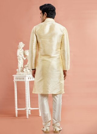 Machine Embroidery and Mirror Work Art Banarasi Silk Kurta Pyjama In Beige