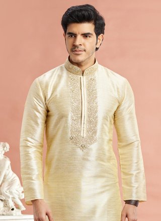 Machine Embroidery and Mirror Work Art Banarasi Silk Kurta Pyjama In Beige