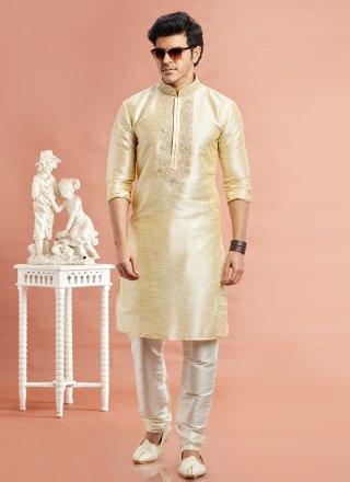 Machine Embroidery and Mirror Work Art Banarasi Silk Kurta Pyjama In Beige