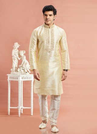 Machine Embroidery and Mirror Work Art Banarasi Silk Kurta Pyjama In Beige