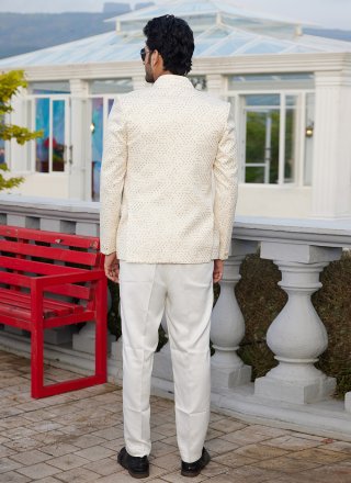 Machine Embroidery and Thread Work Art Silk Jodhpuri Jacket In Cream