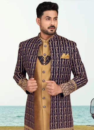 Machine Embroidery and Thread Work Banarasi Silk Sherwani Mens Wear In Brown and Blue