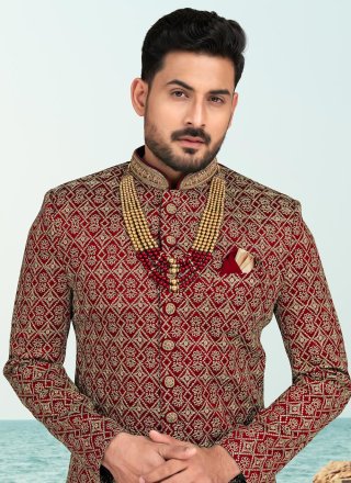 Machine Embroidery and Thread Work Banarasi Silk Sherwani Mens Wear In Maroon