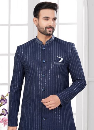 Machine Embroidery and Thread Work Imported Sherwani Mens Wear In Blue