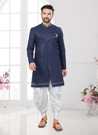 Machine Embroidery and Thread Work Imported Sherwani Mens Wear In Blue
