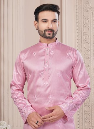 Machine Embroidery and Thread Work Silk Kurta Mens Wear In Pink