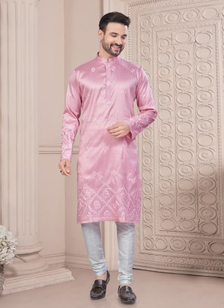 Machine Embroidery and Thread Work Silk Kurta Mens Wear In Pink