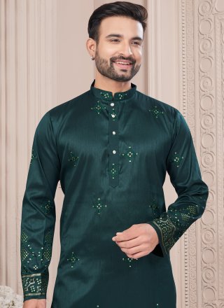 Machine Embroidery and Thread Work Silk Kurta Pyjama In Green