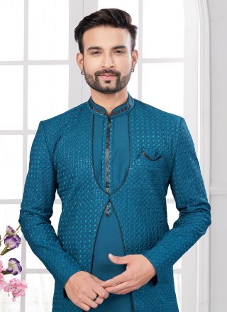 Machine Embroidery and Thread Work Silk Sherwani Mens Wear In Firozi for Engagement