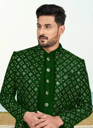 Machine Embroidery and Thread Work Silk Sherwani Mens Wear In Green