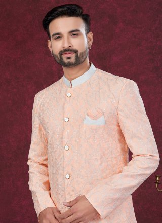 Machine Embroidery and Thread Work Silk Sherwani Mens Wear In Peach