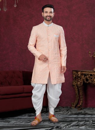 Machine Embroidery and Thread Work Silk Sherwani Mens Wear In Peach