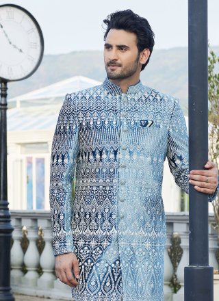 Machine Embroidery and Thread Work Velvet Indo Western In Teal
