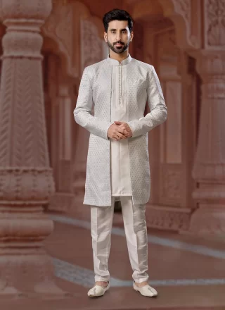 Machine Embroidery, Sequins and Thread Work Dupion Silk Indo Western Sherwani In Grey and Off White