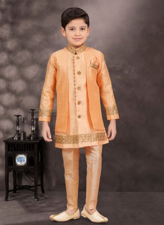 Machine Embroidery, Stone and Thread Work Banarasi Silk Sherwani Kids Wear In Orange