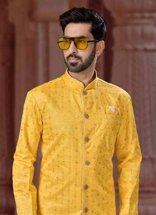 Machine Embroidery, Stone and Thread Work Banglori Silk Indo Western Sherwani In Yellow