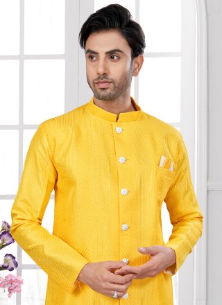 Machine Embroidery, Stone and Thread Work Silk Indo Western Sherwani In Yellow for Ceremonial