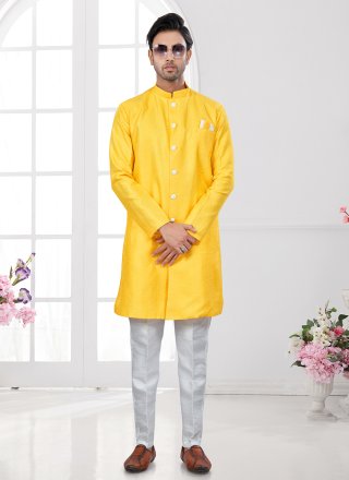 Machine Embroidery, Stone and Thread Work Silk Indo Western Sherwani In Yellow for Ceremonial