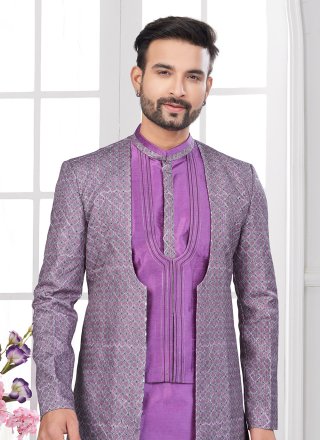 Machine Embroidery, Thread and Zari Work Banarasi Silk Sherwani Mens Wear In Multi Colour and Purple