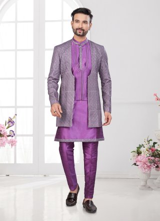 Machine Embroidery, Thread and Zari Work Banarasi Silk Sherwani Mens Wear In Multi Colour and Purple