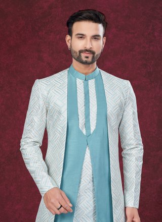 Machine Embroidery, Thread and Zari Work Imported Sherwani Mens Wear In Aqua Blue and Multi Colour