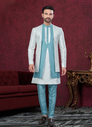 Machine Embroidery, Thread and Zari Work Imported Sherwani Mens Wear In Aqua Blue and Multi Colour