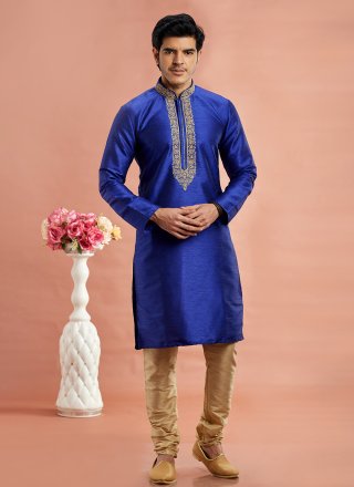 Machine Embroidery Work Art Banarasi Silk Kurta Pyjama In Blue