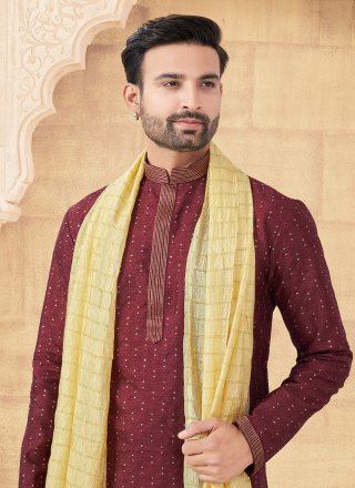 Machine Embroidery Work Banglori Silk Kurta Pyjama In Maroon for Ceremonial