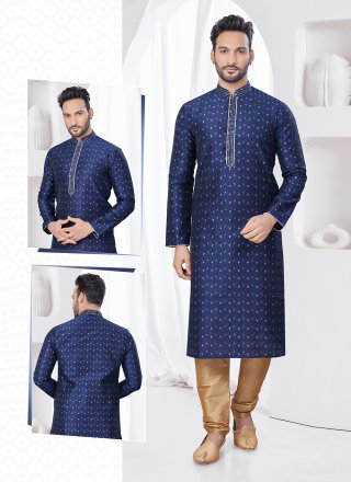 Machine Embroidery Work Jacquard Kurta Pyjama In Blue