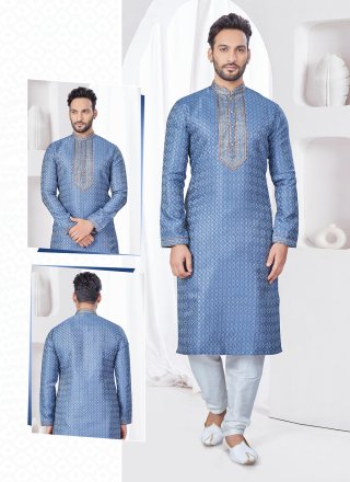 Machine Embroidery Work Jacquard Kurta Pyjama In Grey