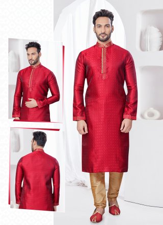 Machine Embroidery Work Jacquard Kurta Pyjama In Maroon