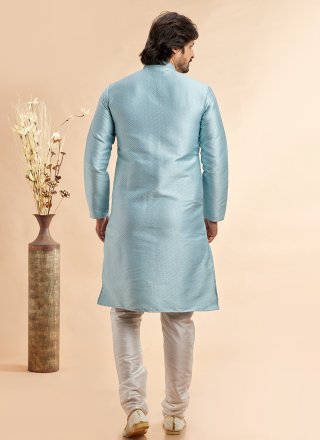 Machine Embroidery Work Jacquard Silk Kurta Pyjama In Aqua Blue for Casual